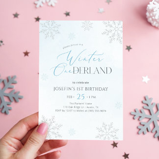 Blue Watercolor Winter Onederland First Birthday Inbjudningar