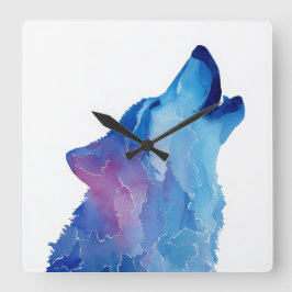 Blue watercolor wolf howling fyrkantig klocka
