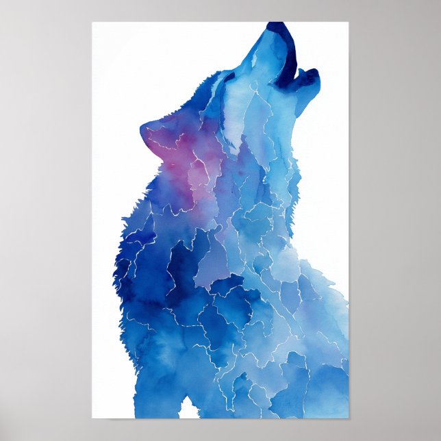 Blue watercolor wolf howling poster (Framsidan)