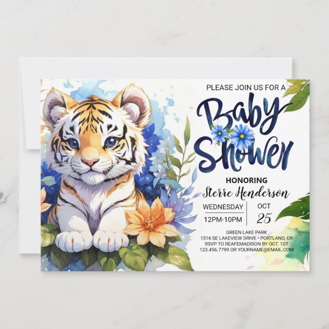 Blue Watercolor Wonders Tiger Unge Baby Shower Inbjudningar (Framsida)