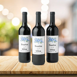 Blue Watercolour Floral and Butterflies Wedding Vinflaska Etikett