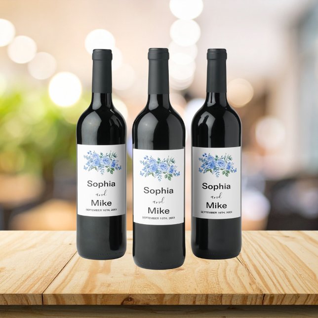 Blue Watercolour Floral and Butterflies Wedding  Vinflaska Etikett (Skapare uppladdad)