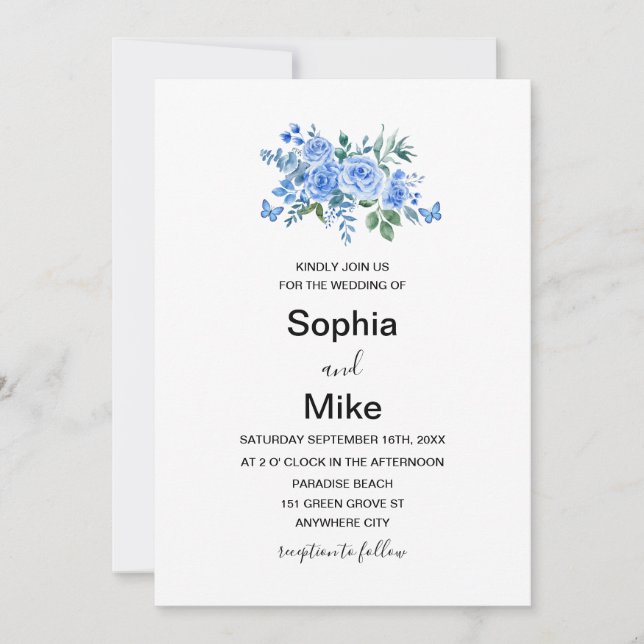 Blue Watercolour Floral Butterflies Wedding Inbjudningar (Framsida)