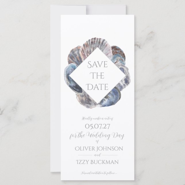 Blue Watercolour Sea Shell Save the Date Flat Card (Framsida)