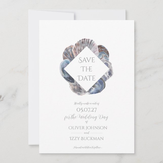 Blue Watercolour Sea Shell Save the Date Flat Card Inbjudningar (Framsida)