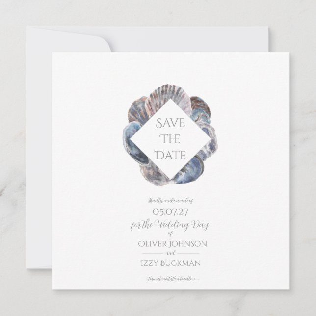 Blue Watercolour Sea Shell Save the Date Flat Card Inbjudningar (Framsida)