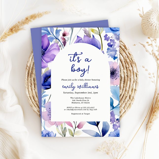 Blue Watercolour Wildflower Its a Boy Baby Shower Inbjudningar (Skapare uppladdad)