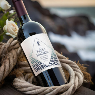 Blue Wave Seahorse Bröllop Tack ID836 Vinflaska Etikett