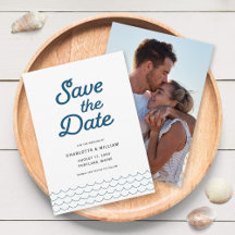 Blue Waves with Your Photo Save the Date Card