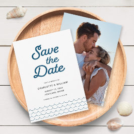 Blue Waves with Your Photo Save the Date Card Spara Datumet