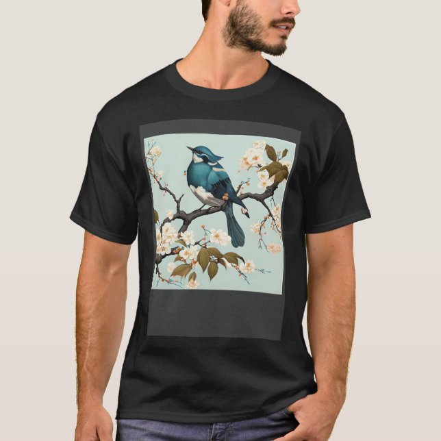 Blue waxbill Bird in Japanese white Cherry Blossom T Shirt (Framsida)
