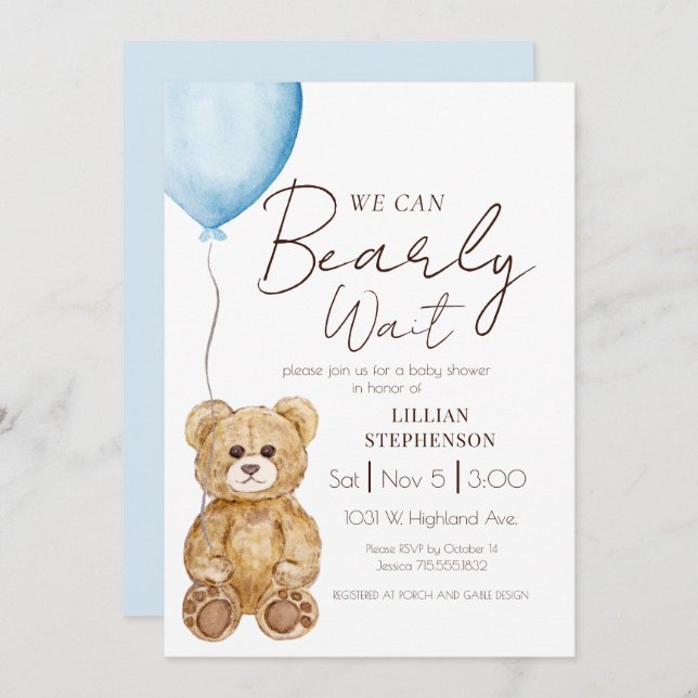 Blue We Can Bearly Wait Boy Baby Shower Inbjudningar (Fram/baksida)