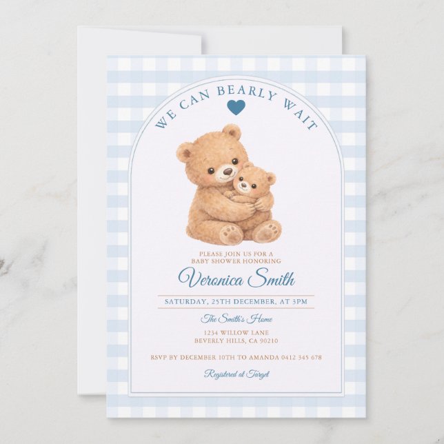 Blue We can bearly wait Mama Bear Baby Shower Inbjudningar (Framsida)