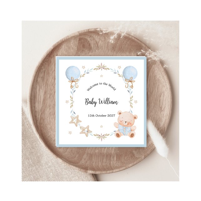 Blue Welcome Baby Boy Floral Frame Teddy Bear Card (Skapare uppladdad)