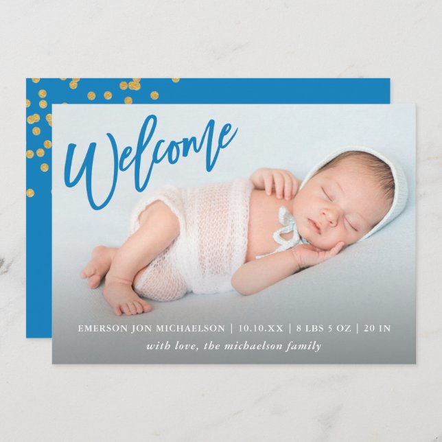 Blue Welcome Faux Guld Confetti Pojke Birth Meddelande (Fram/baksida)