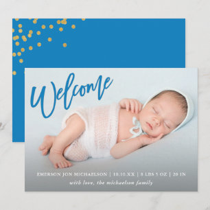 Blue Welcome Faux Guld Confetti Pojke Birth Meddelande