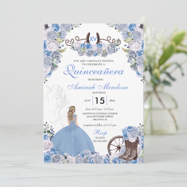 Blue Western Charra Blommigt Boots Quinceañera Inbjudningar (Stående Fram)
