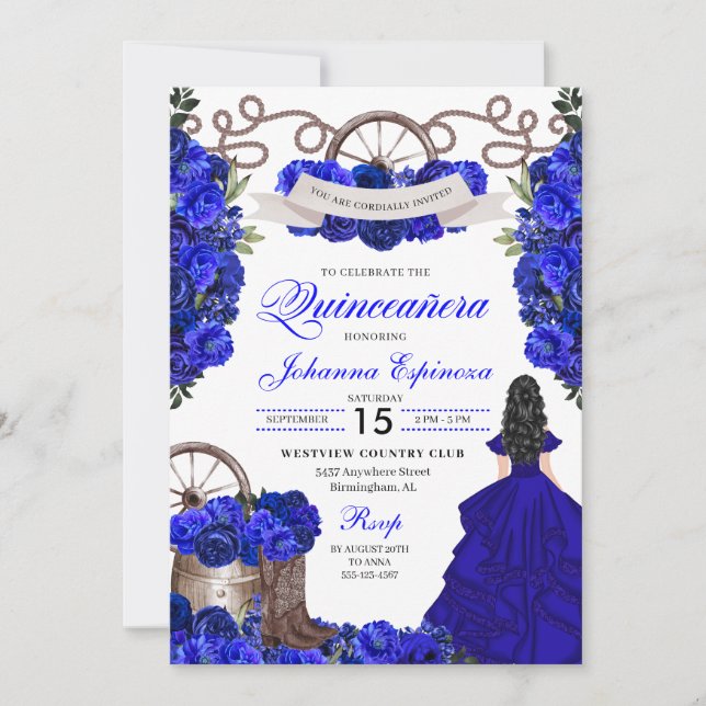 Blue Western Charra Ranchero Quinceanera Inbjudningar (Framsida)