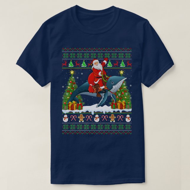 Blue Whale Älskare Ugly Santa Riding Blue Whale Ch T Shirt (Design framsida)
