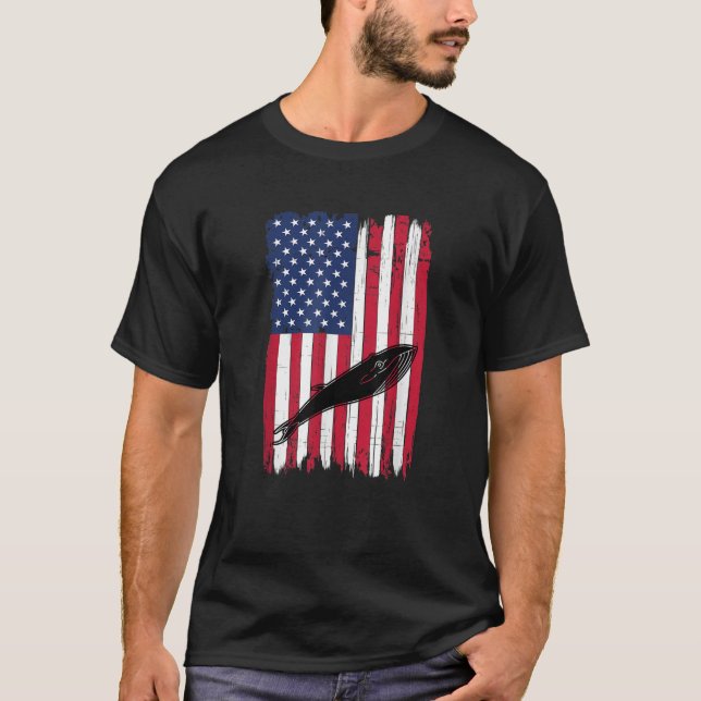 Blue Whale Animal Silhouette American Flagga USA P T Shirt (Framsida)