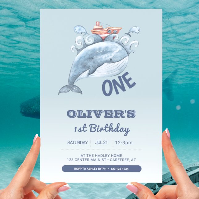Blue Whale One Boy 1st Birthday Inbjudningar (Skapare uppladdad)
