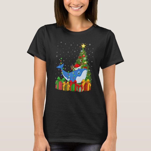 Blue Whale  Xmas Lights Santa Blue Whale Christmas T Shirt (Framsida)