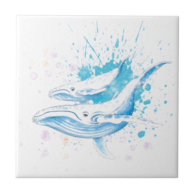 Blue Whales Färg Stänk Kakelplatta (Framsidan)