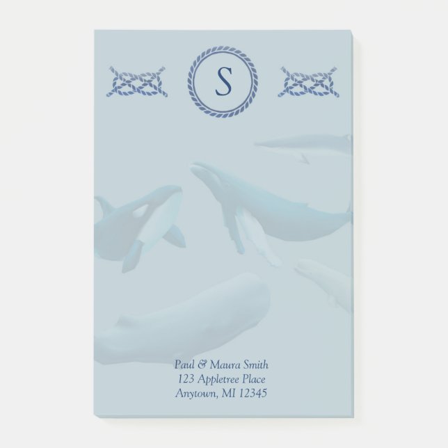 Blue Whales Monogram med Namn Adress Post-it Block (Framsida)