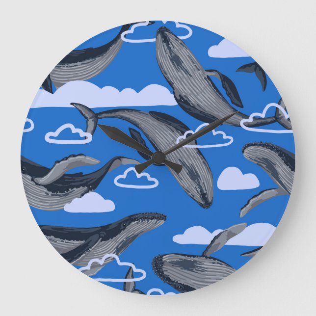 Blue Whales Vintage Hand plockade Stor Klocka (Framsida)