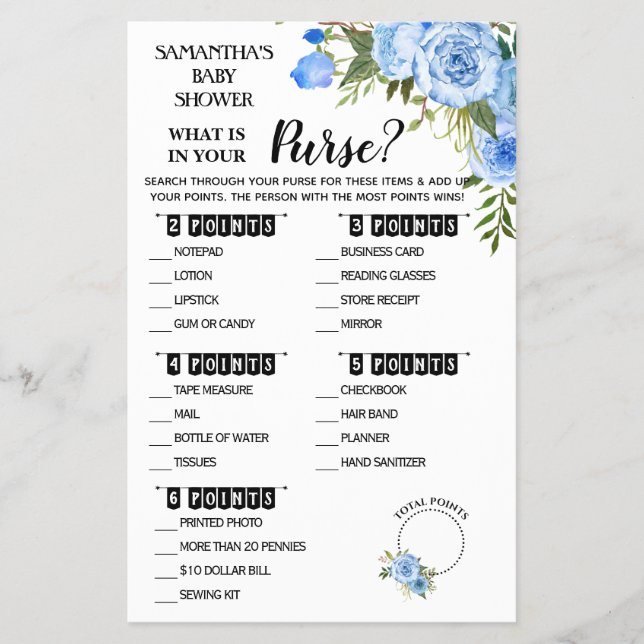 Blue What is in your Purse dusch bilingual Card Flygblad (Framsidan)