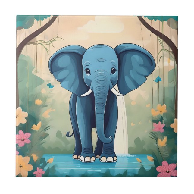 Blue Whimsical Baby Elephant Kakelplatta (Framsidan)