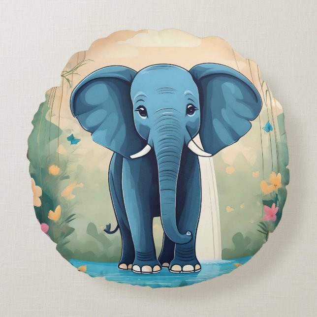Blue Whimsical Baby Elephant Rund Kudde (Framsidan)