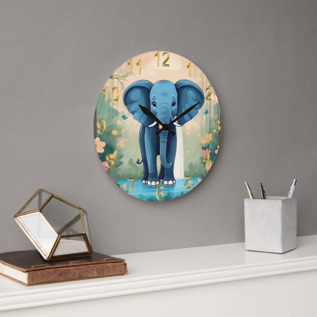 Blue Whimsical Baby Elephant Stor Klocka (Kontor)