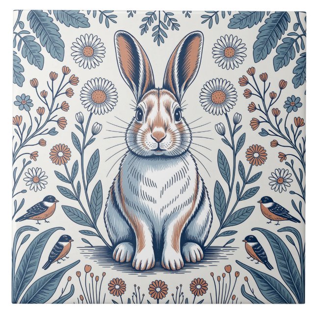 Blue Whimsical Bunny Rabbit Floral Design Kakelplatta (Framsidan)