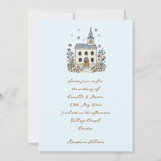 Blue Whimsical Chapel Doodle Wedding Inbjudningar (Framsida)