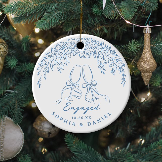Blue Whimsical Cheers Our First Christmas Engaged Julgransprydnad Keramik (Blue Whimsical Cheers Our First Christmas Engaged Ceramic Ornament)