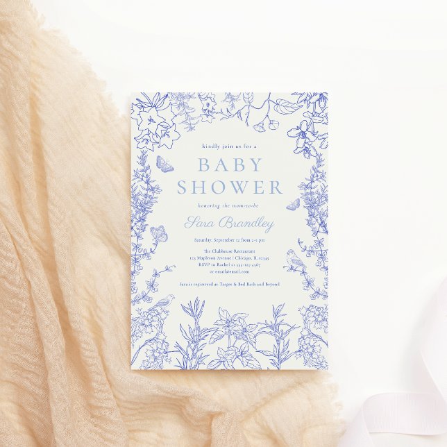 Blue Whimsical Garden Chinoiserie Baby Shower Inbjudningar (Blue Whimsical Garden Chinoiserie Baby Shower Invitation)