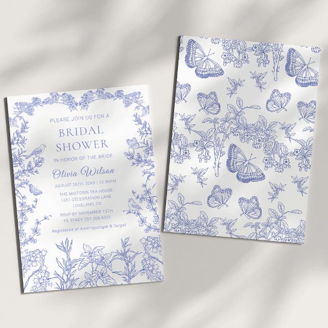 Blue whimsical Garden Chinoiserie Möhippa Inbjudningar (Cobalt Blue whimsical Chinoiserie Floral Bridal Shower Invitation)