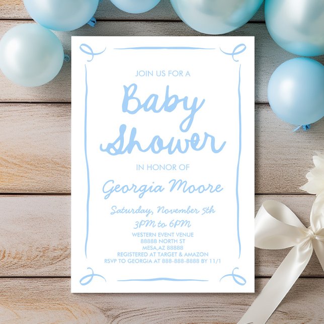 Blue Whimsical Hand plockade Baby Shower Inbjudningar (Skapare uppladdad)