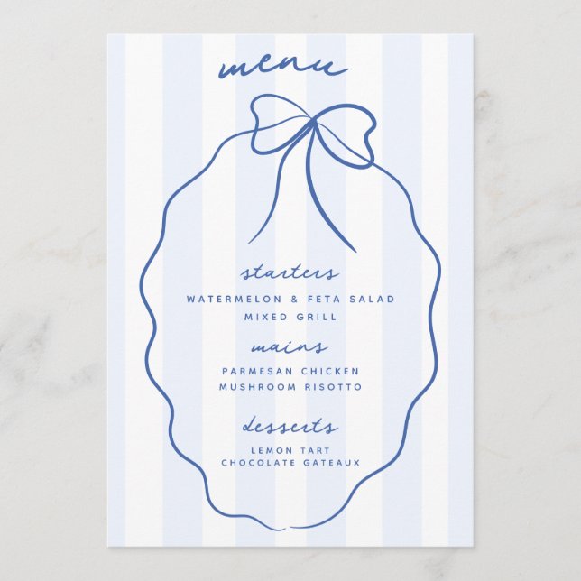 Blue Whimsical Hand plockade Bow Bröllop Menu Meny (Framsida)