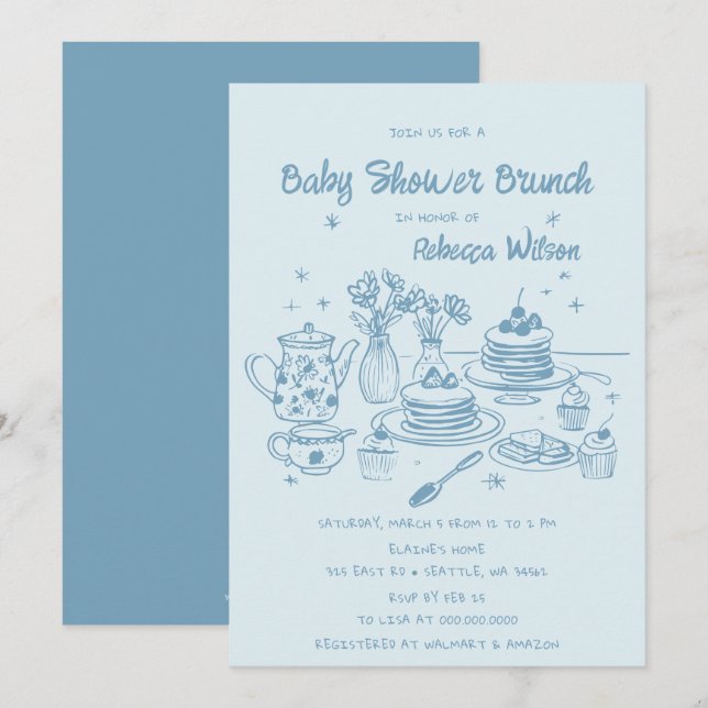 Blue Whimsical Hand plockade Boy Baby Shower Brunc Inbjudningar (Fram/baksida)