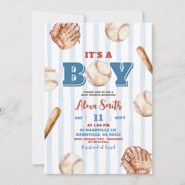 Blue Whimsical Rand Boy Baseball Baby Shower Inbjudningar (Framsida)