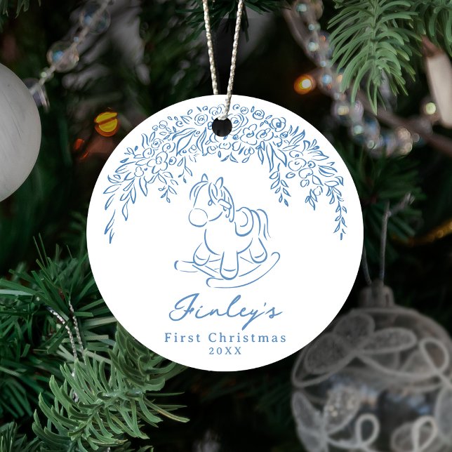 Blue Whimsical rocking horse Baby's 1st Christmas Julgransprydnad Keramik (Blue Whimsical rocking horse Baby's 1st Christmas Ceramic Ornament)