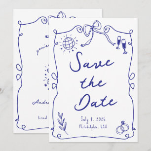 Blue Whimsical Roligt Quirky Hand plockade Bröllop Spara Datumet
