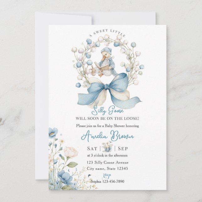 Blue Whimsical Silly Goose Baby Shower Invitation Inbjudningar (Framsida)
