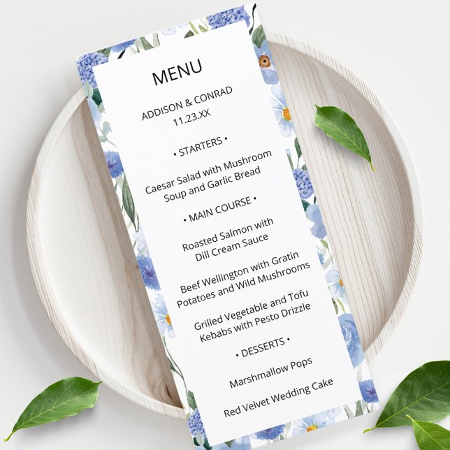 Blue Whimsical Watercolor Garden Wedding Menu Meny (Skapare uppladdad)