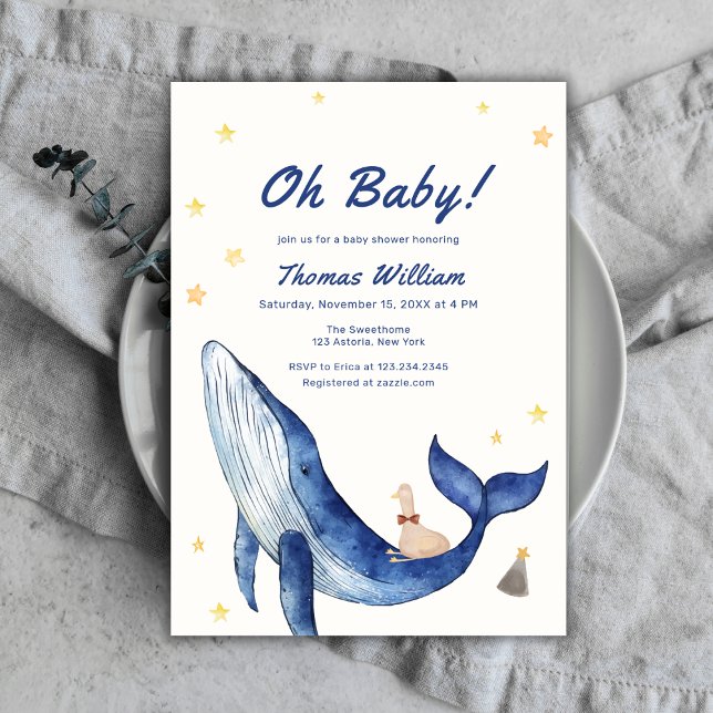 Blue Whimsiling Duckling Star Whale Baby Shower Inbjudningar (Blue Whimsical Duckling Star Whale Baby Shower Invitation)