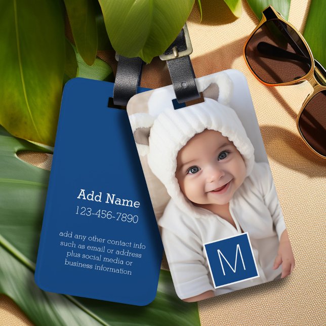 Blue White 1 Photo Collage Anpassningsbar Monogram Bagagebricka (Personalized luggage tag with 1 photo and contact information)