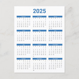 Blue & White 2025 Year at a Glance Calendar Vykort
