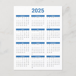 Blue & White 2025 Year at a Glance Calendar Vykort